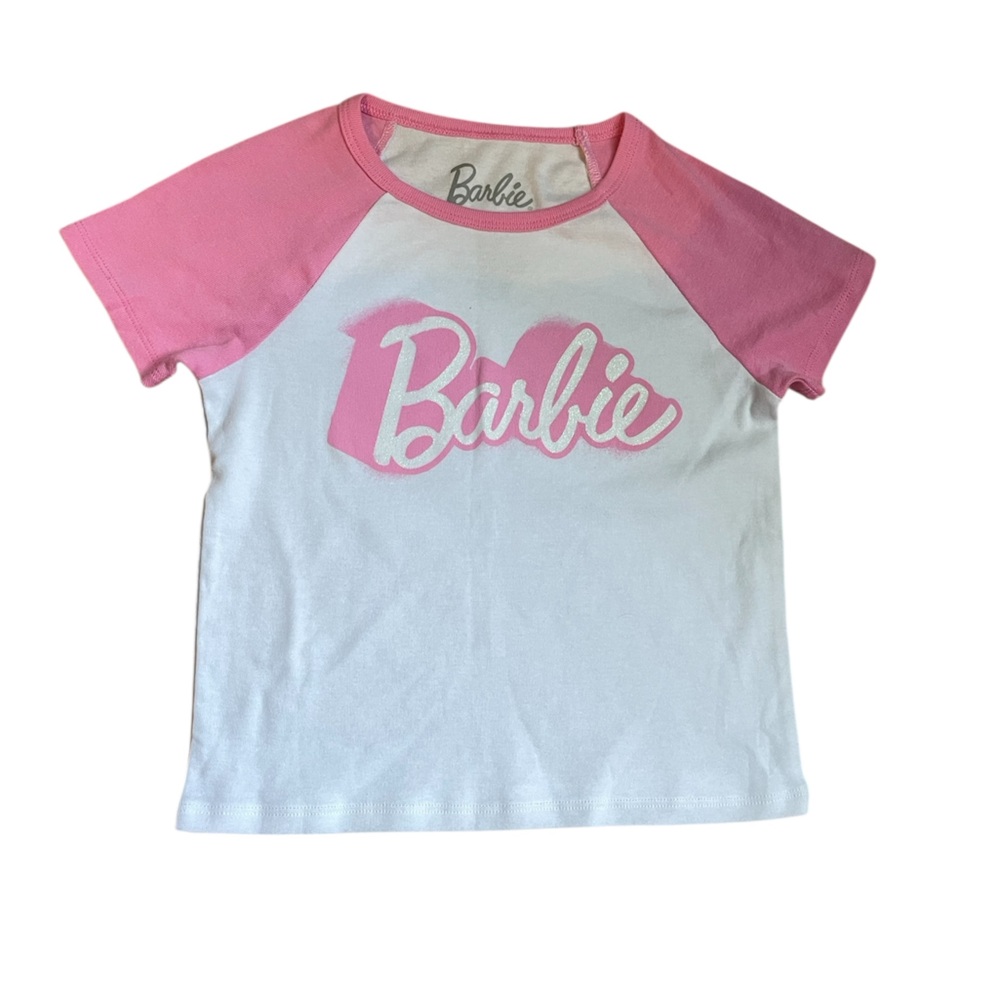 Barbie Girls Raglan Graphic T-Shirt Pink/White Size Medium (7/8) NWT‎